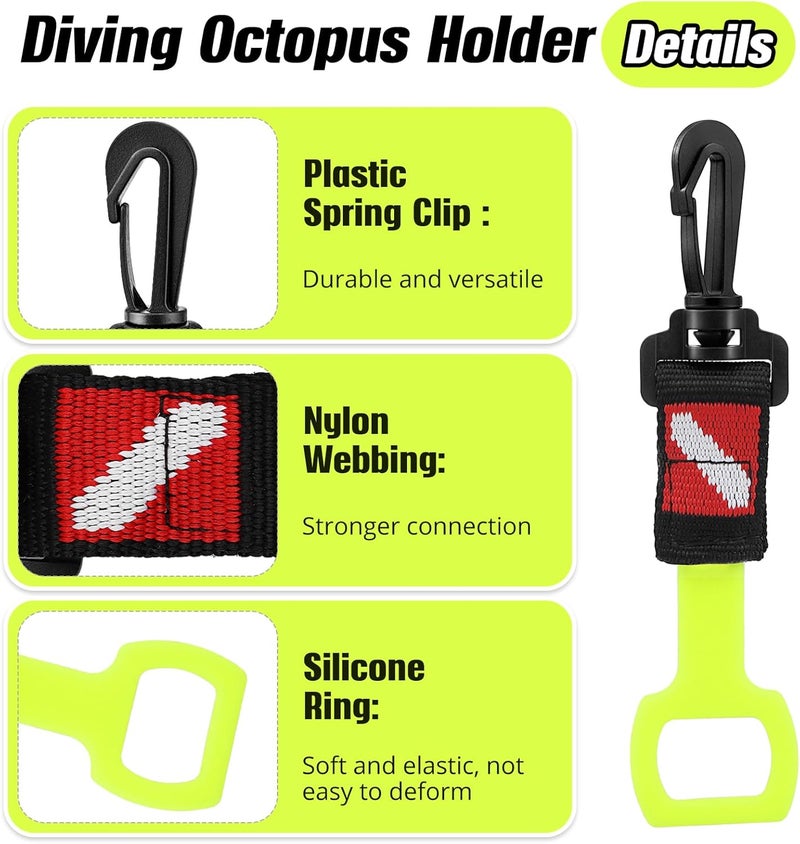 Dawitrly 2 Pack Scuba Diving Regulator Octopus Holder, Octopus Mouthpiece Retainer with Spring Clip, Dive Flag Webbing and Silicone Ring, 2nd Stage Regulator Keeper for Divers and Snorkelers - Image 3